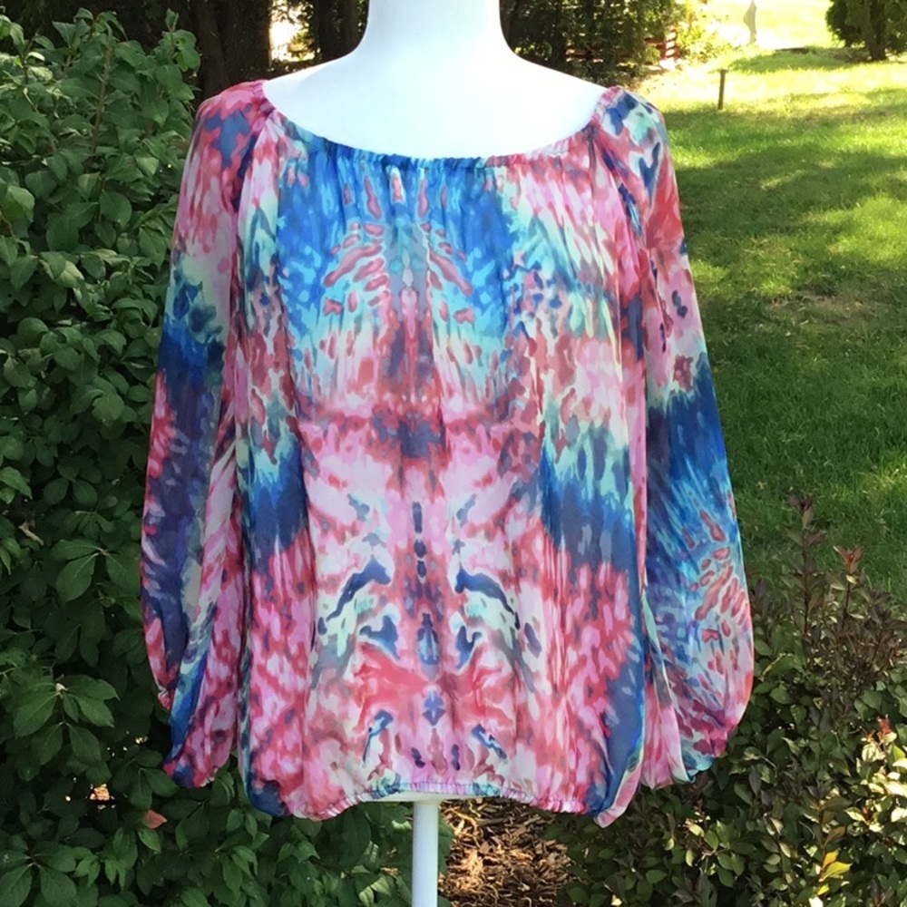 Boho Hippie Peasant Blouse Pinks‎ and Blues WaterPrint Flowy Size L